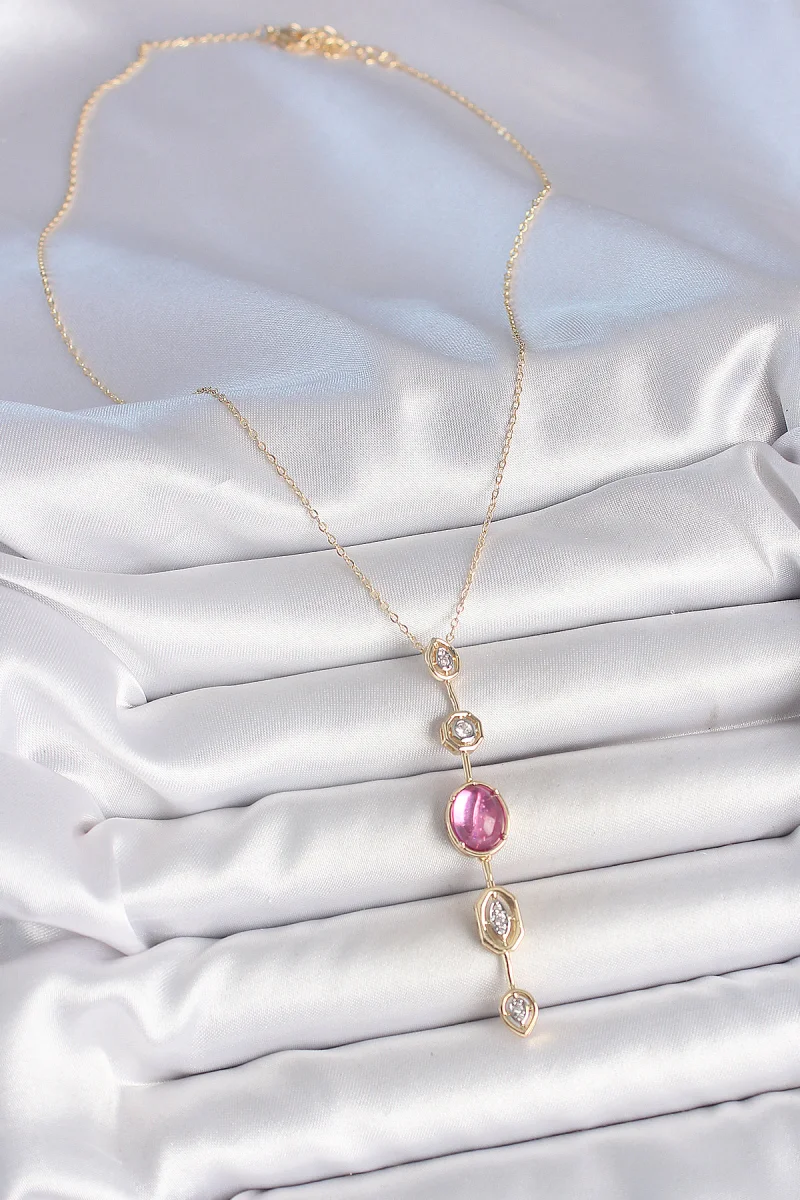 Pirinç Zincir Gold Renk Pembe Zirkon Taşlı Y Kolye 5886