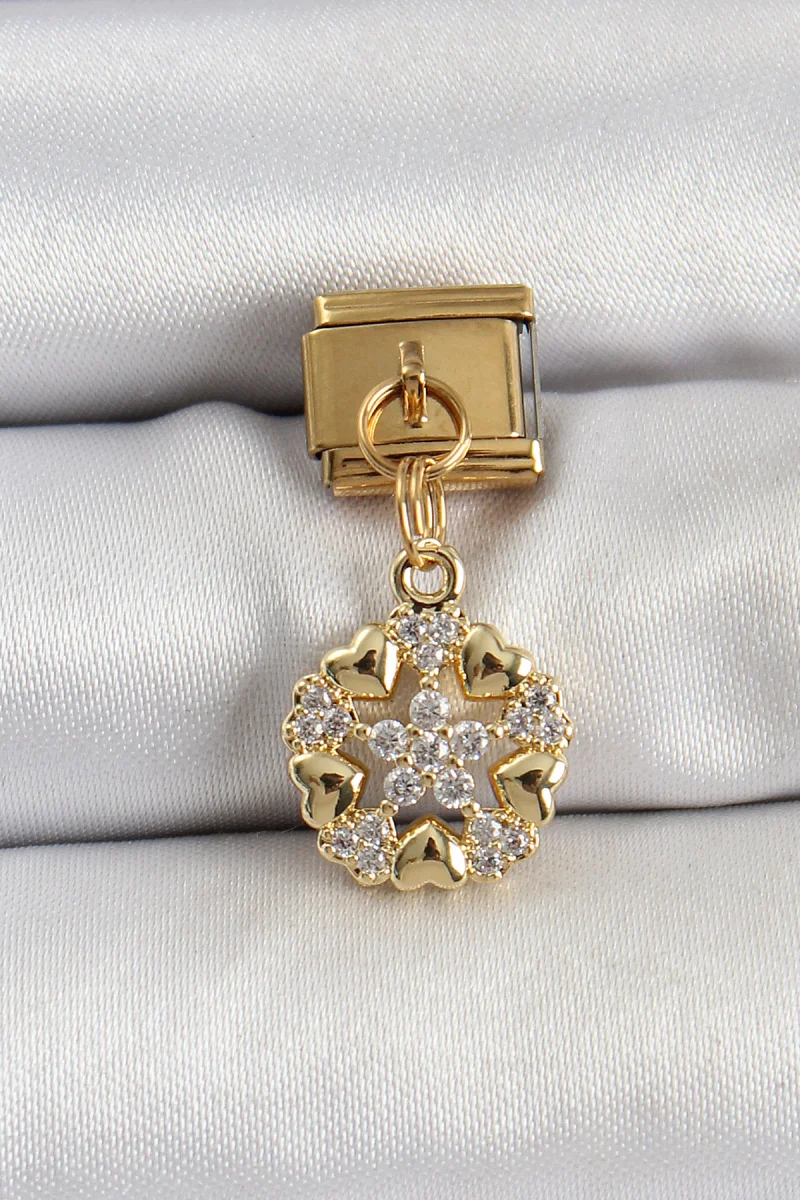 316L Çelik Sallantılı Zirkon Taşlı Kalp Detaylı Yıldz Model Gold Renk Nomination Charm 5886