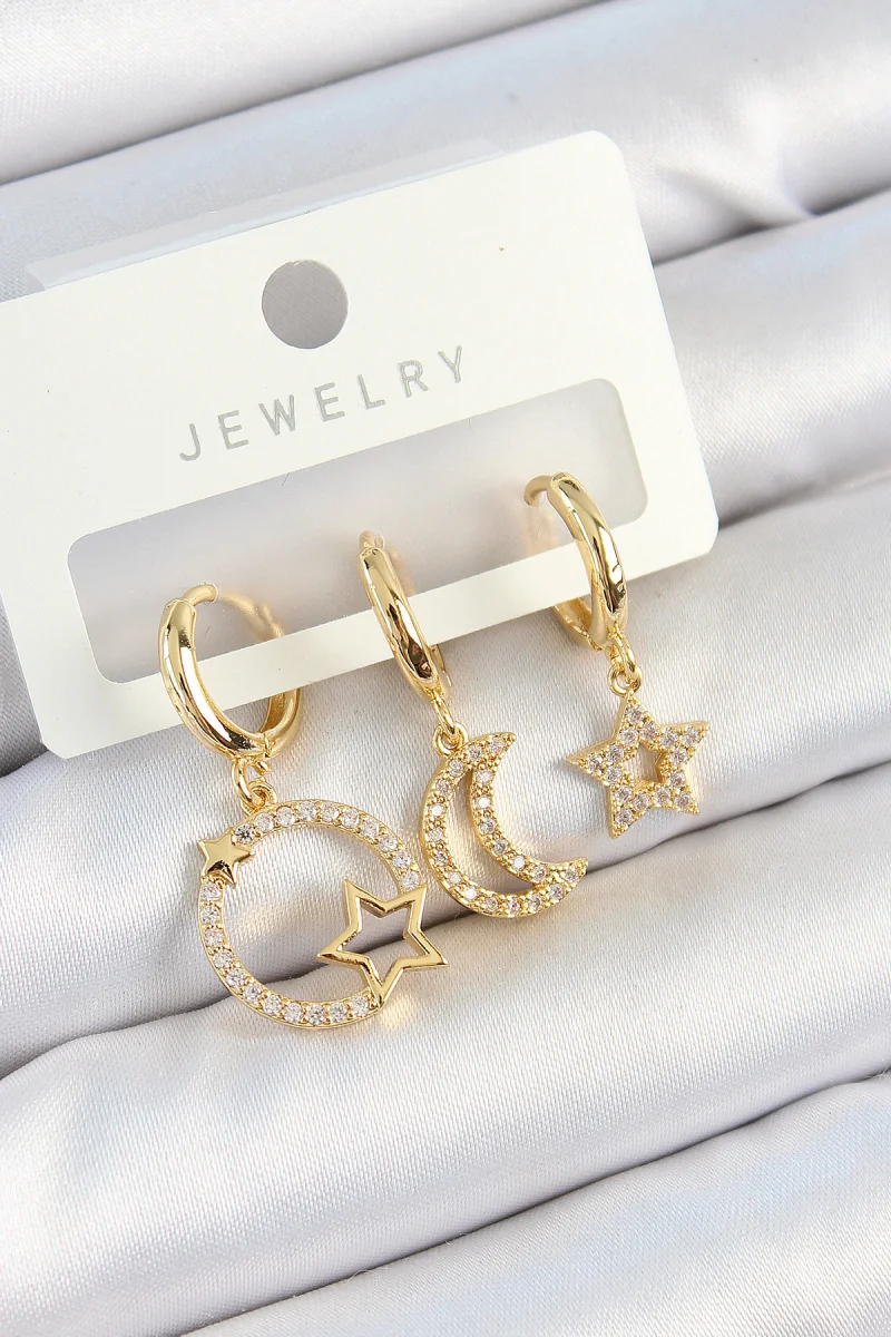 Pirinç Zirkon Taşlı Yıldız Ve Ay Model Gold Renk 3'lü Kadın Küpe Set 5886