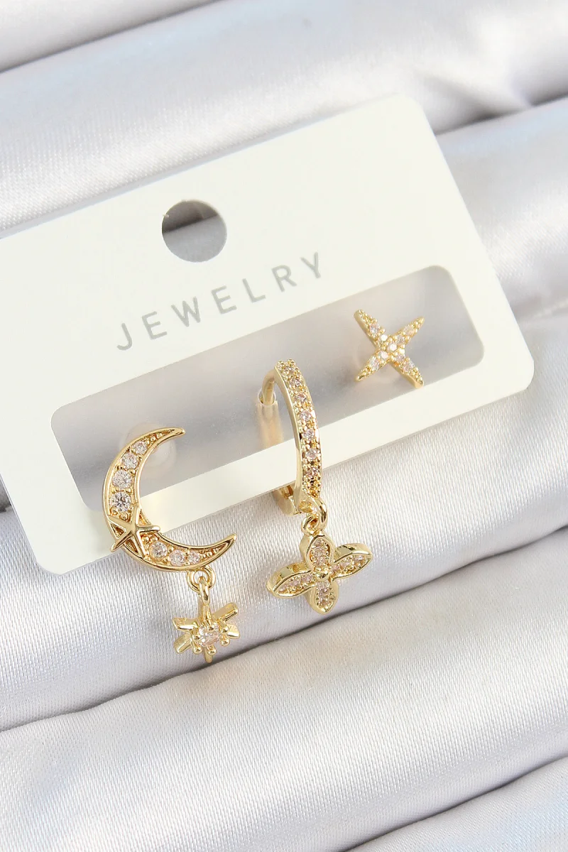 Pirinç Zirkon Taşlı Çiçek Ve Ay Model Gold Renk 3'lü Çift Kadın Küpe Set 5886