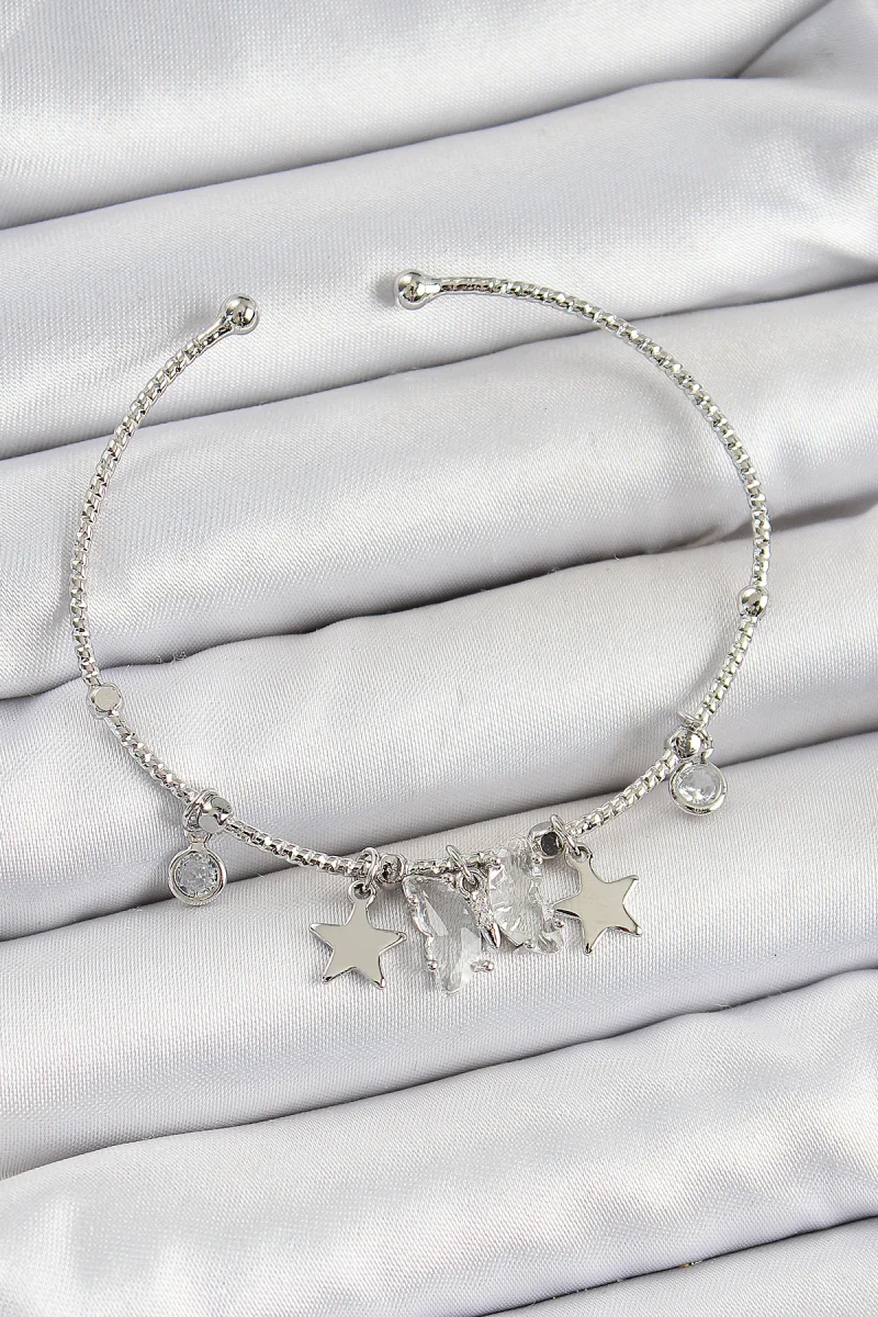 Pirinç Zirkon Taşlı Kelebek Ve Yıldız Model Gümüş Renk Charm Bileklik 5886