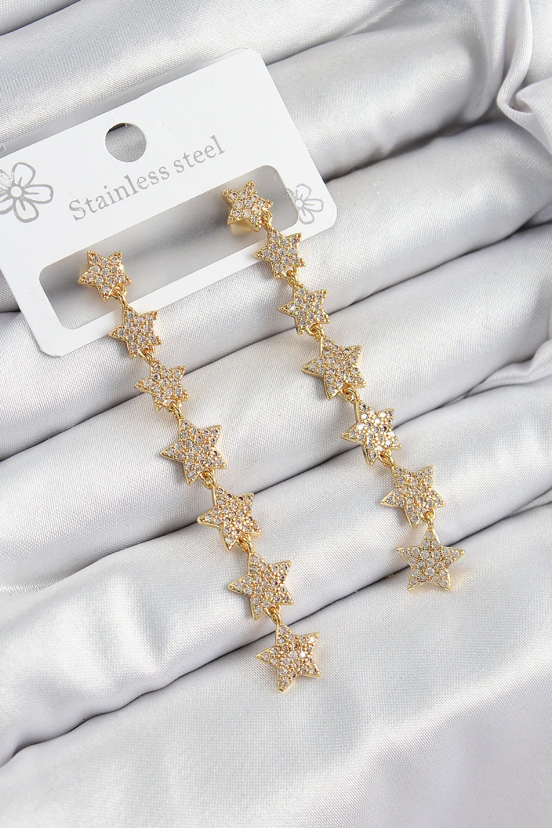 Pirinç Zirkon Taşlı Sallantılı Yıldız Model Gold Renk Kadın Küpe 5886
