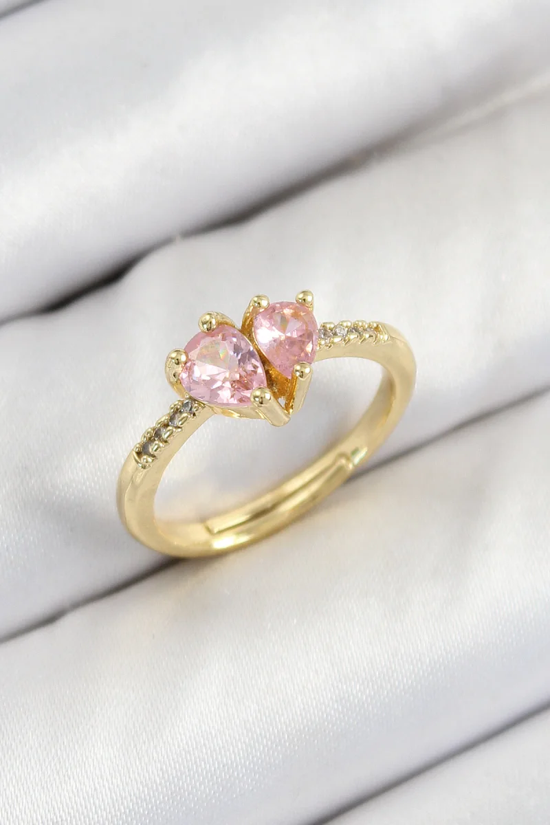 Pirinç Zirkon Taşlı Pembe Kalp Model Gold Renk Kadın Yüzük 5886