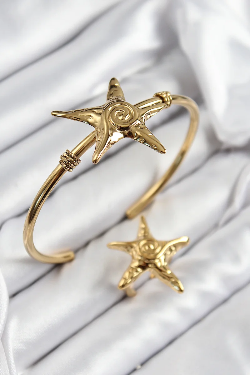 Pirinç Deniz Yıldızı Model Gold Renk Bileklik Yüzük Set 5886