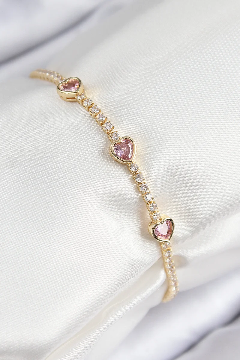 Pirinç Zirkon Taşlı Pembe Kalp Model Gold Renk Kadın Bileklik 5886