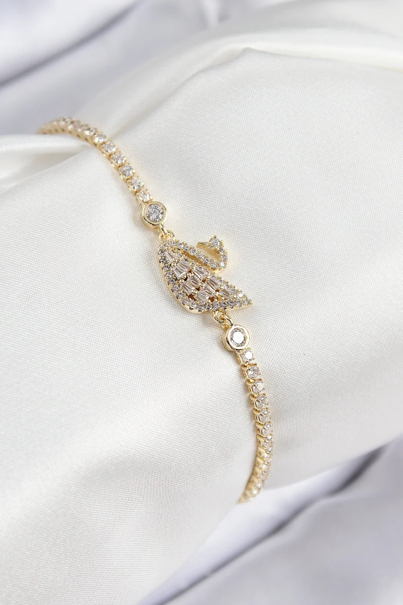 Pirinç Zirkon Taşlı Kuğu Model Gold Renk Kadın Bileklik 5886