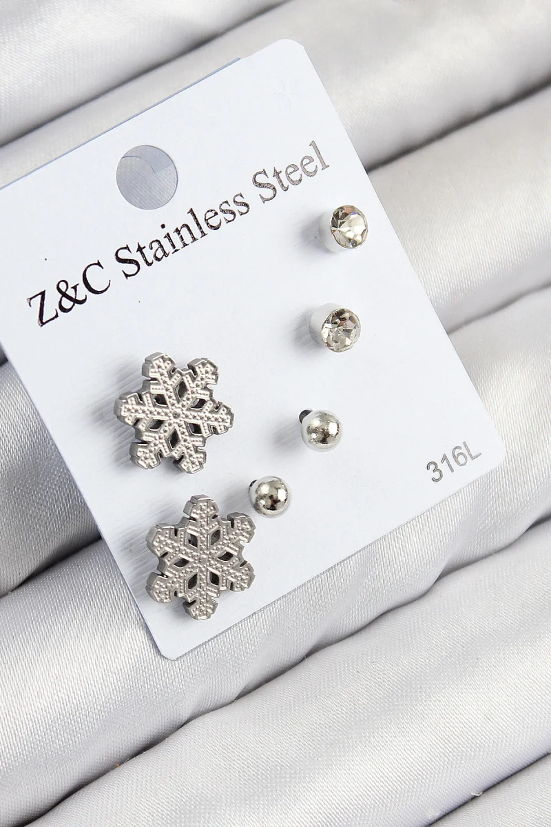 316L Çelik Zirkon Taşlı Kar Tanesi Model Gümüş Renk Kadın Set Küpe 5886