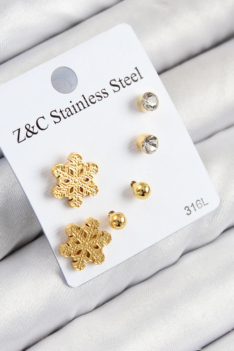 316L Çelik Zirkon Taşlı Kar Tanesi Model Gold Renk Kadın Set Küpe 5886