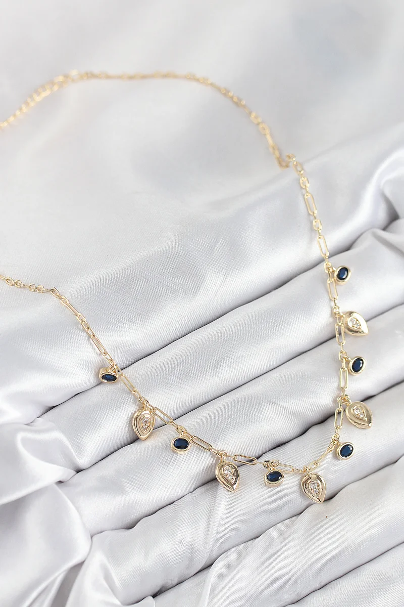 Pirinç Zirkon Taşlı Sallantılı Damla Model Gold Renk Kadın Kolye 5886