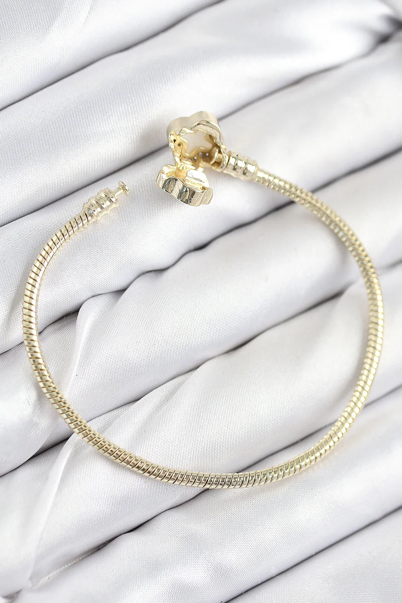 Pirinç Charm Zirkon Taşlı Yonca Model Gold Renk Kadın Bileklik 5886
