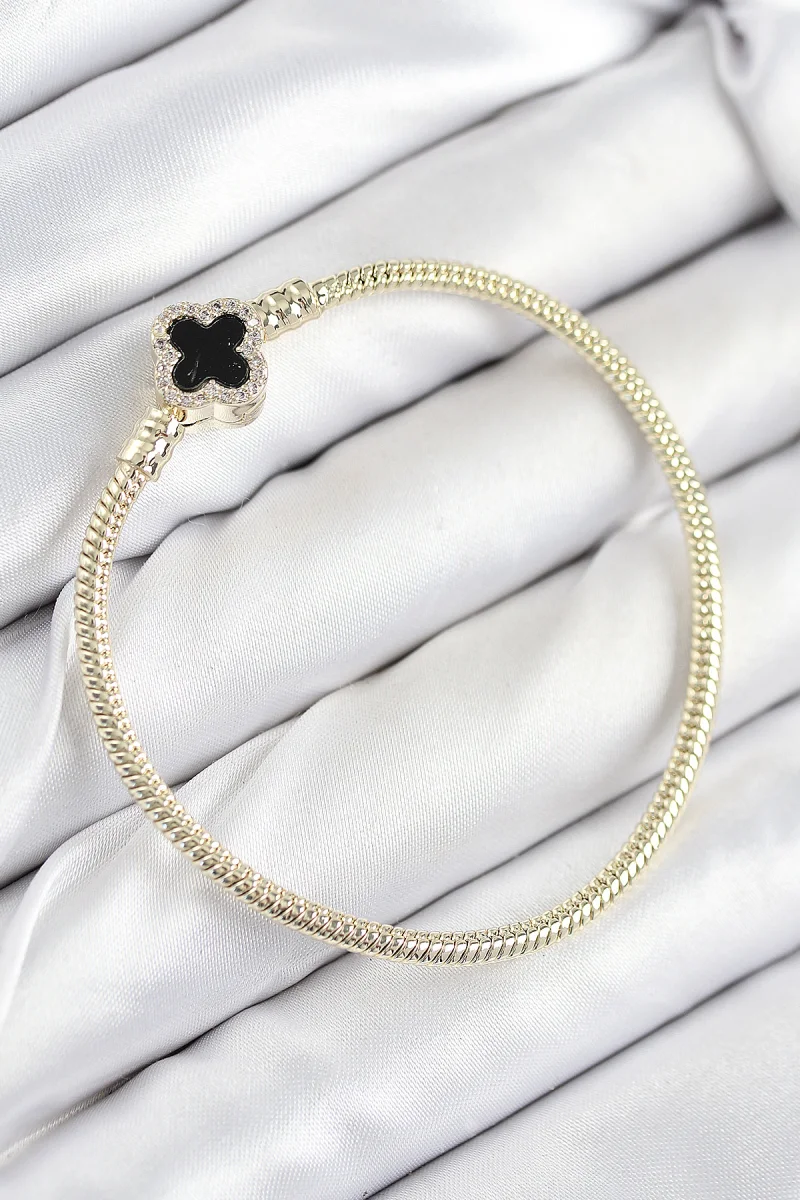 Pirinç Charm Zirkon Taşlı Yonca Model Gold Renk Kadın Bileklik 5886