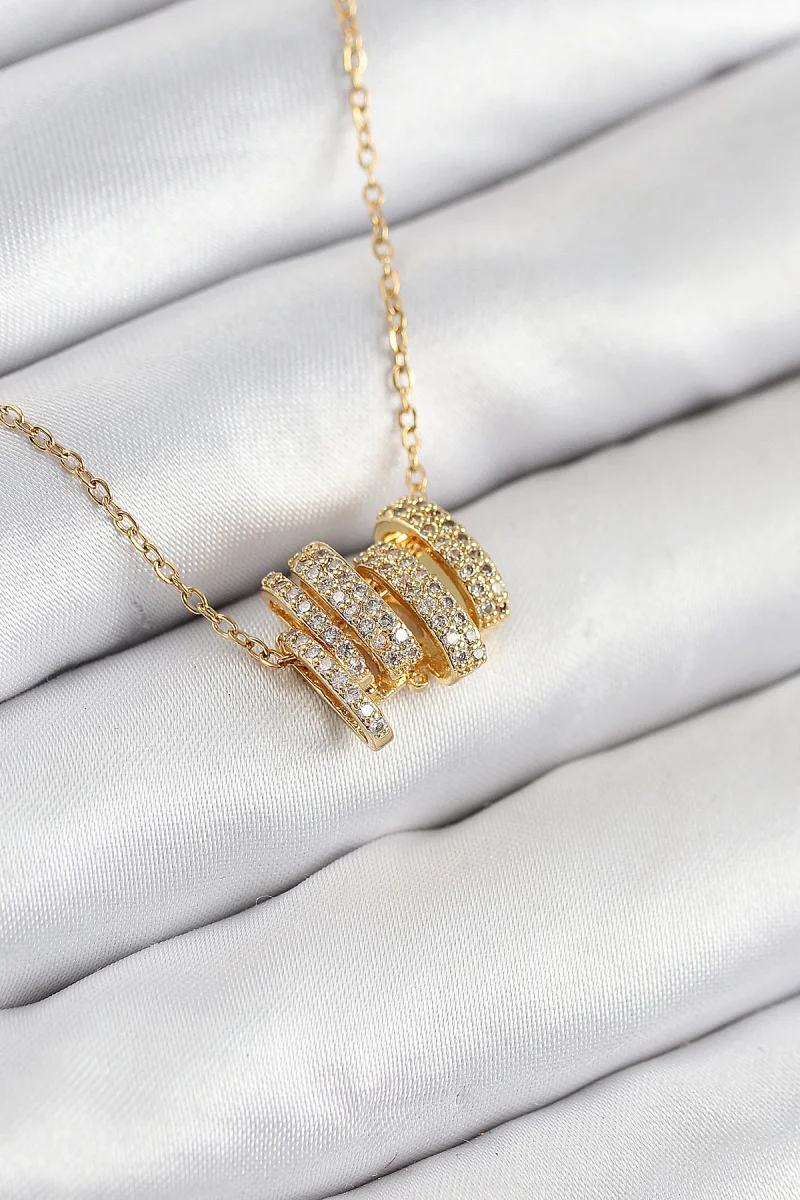 316L Çelik Zirkon Taşlı Sarmal Model Gold Renk Kadın Kolye 5886
