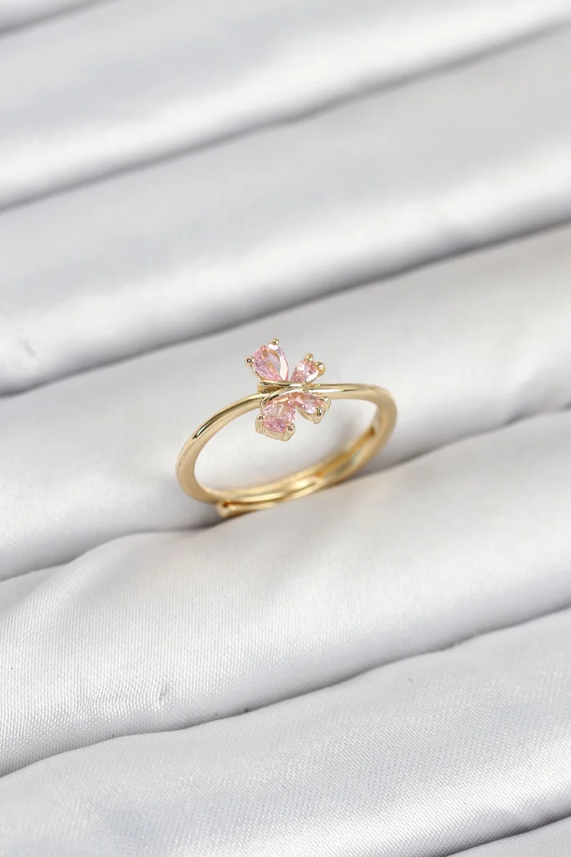 Pirinç Gold Renk Pembe Kelebek Kadın Yüzük 5886