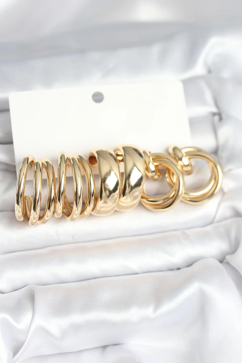 Pirinç Gold Renk 3 Çift Vintage Kadın Küpe Seti 5886