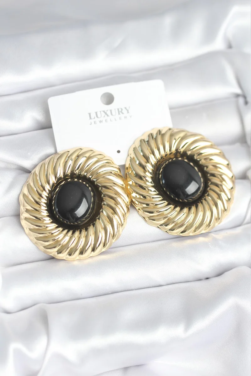 Pirinç Gold Renk Siyah Boncuklu Vintage Kadın Küpe 5886
