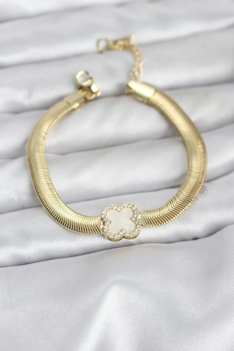 316L Çelik Gold Renk Beyaz Yonca Model Zirkon Taşlı Yılan Zincirli Kadın Bileklik 5886