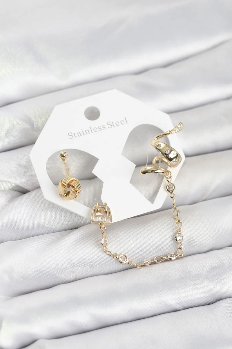 Pirinç Gold Renk Yılan Model Zincir Bağlantılı Ear Cuff Küpe Seti 5886