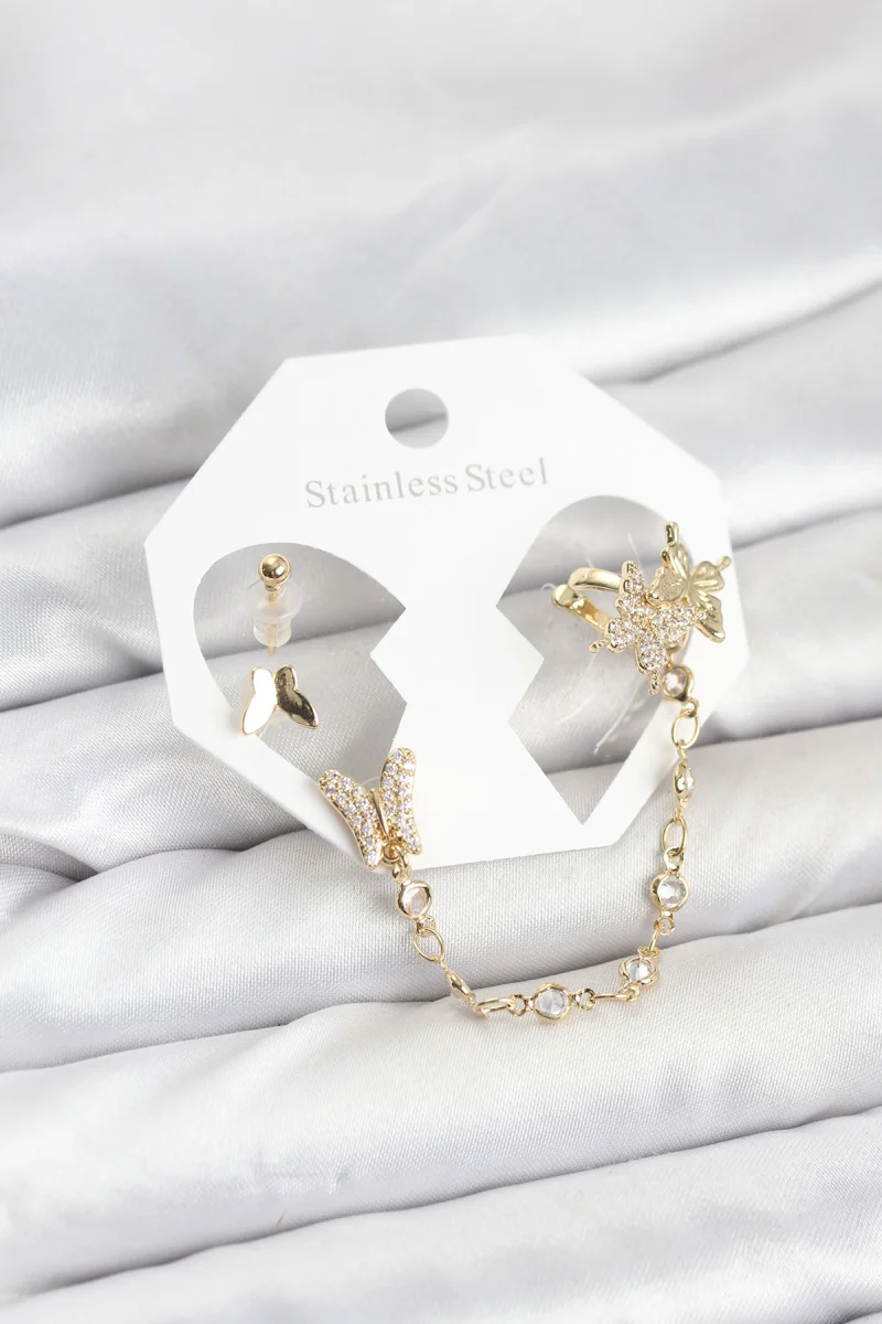 Pirinç Gold Renk Kelebek Model Zincir Bağlantılı Ear Cuff Küpe Seti 5886