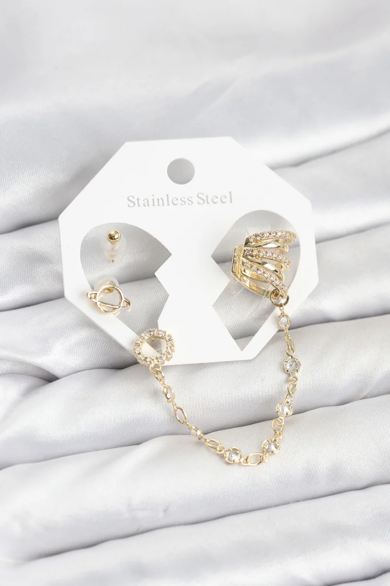 Uzay Model Pirinç Gold Renk Zincir Bağlantılı Ear Cuff Küpe Seti 5886