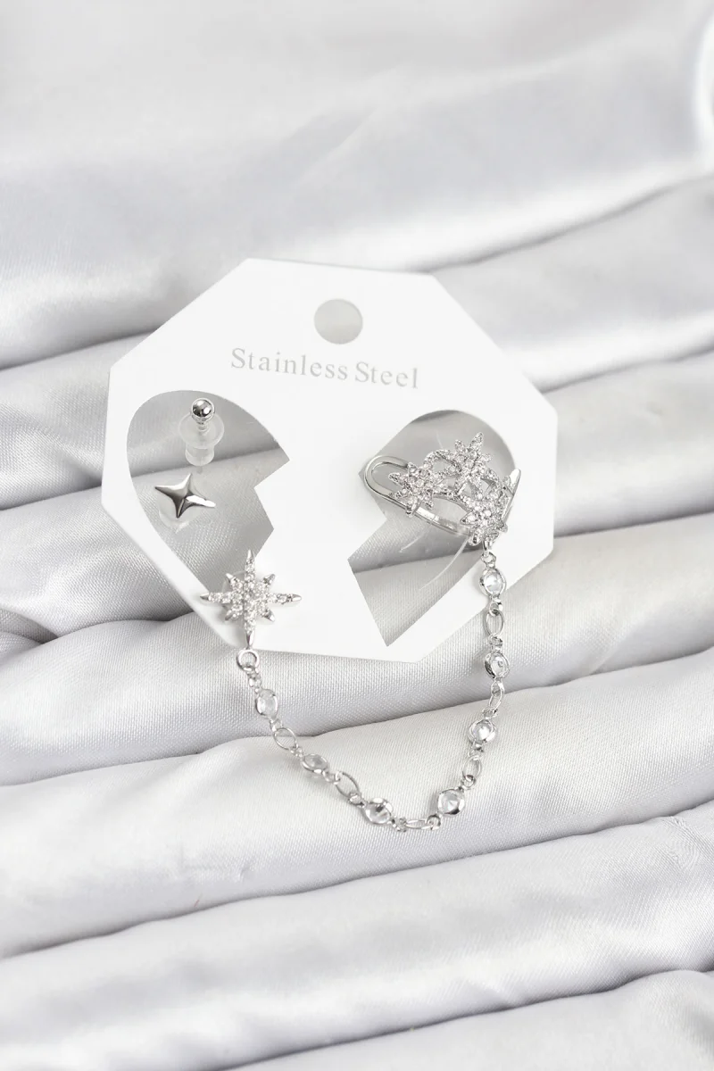 Kutup Yıldızı Model Pirinç Gümüş Renk Zincir Bağlantılı Ear Cuff Küpe Seti 5886