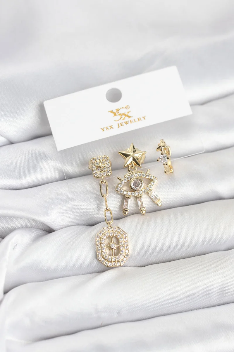 Pirinç Gold Renk Göz ve Kutup Yıldızı Model YSX Trio Küpe Seti 5886