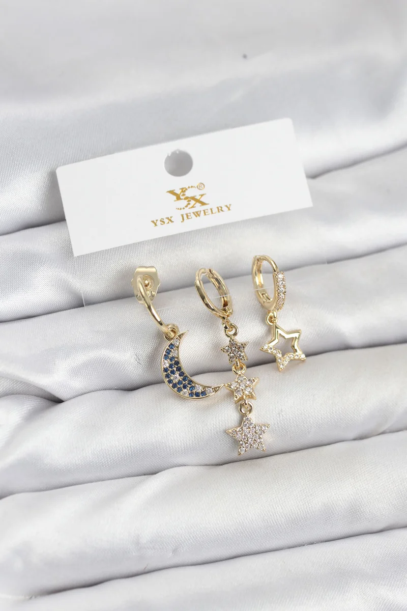 Pirinç Gold Renk Zirkon Taşlı Ay ve Yıldız Model YSX Trio Küpe Seti 5886