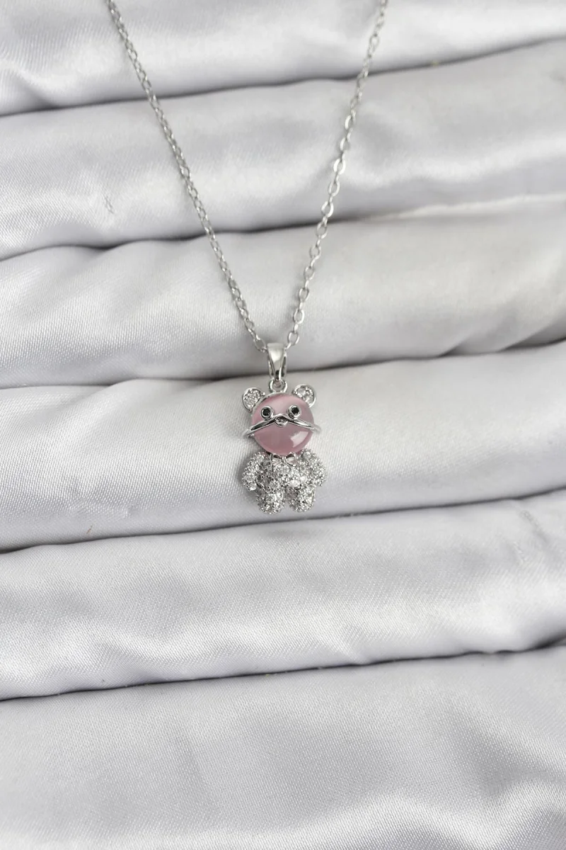 316L Çelik Zincir Gümüş Renk Teddy Bear Model Zirkon Taşlı Kadın Kolye 5886