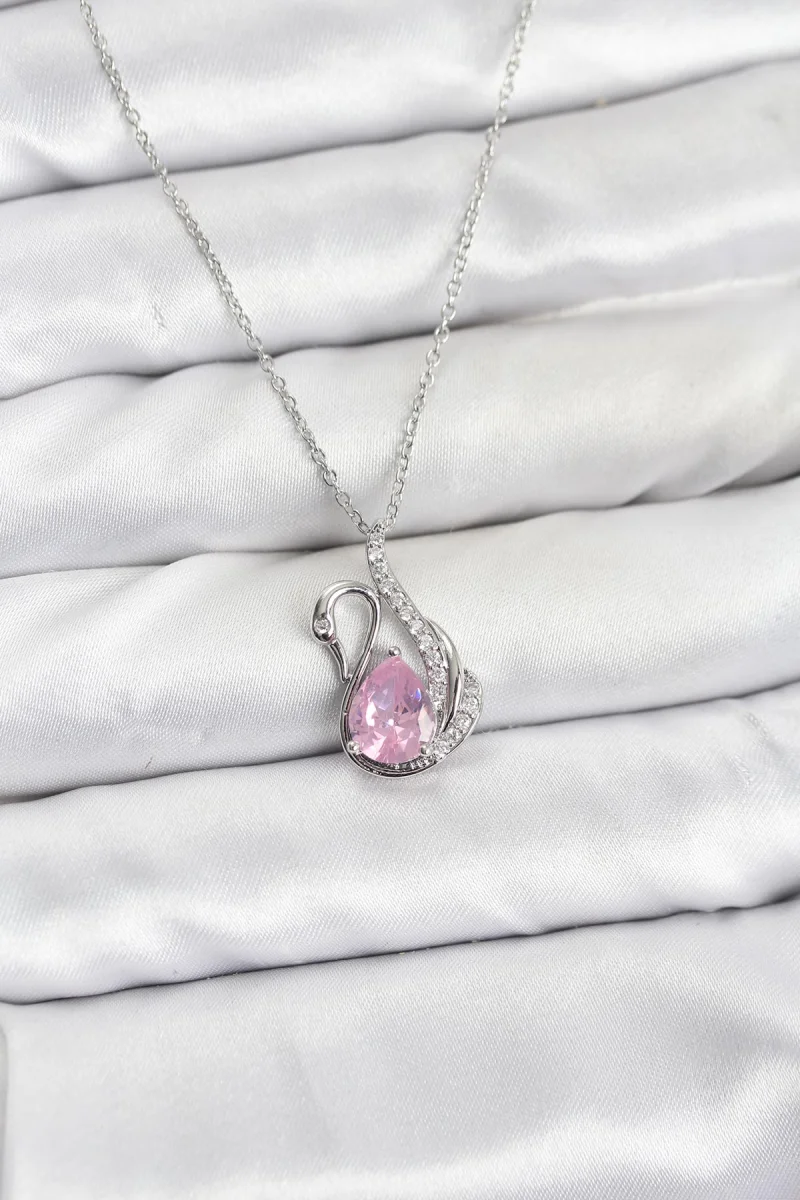 316L Çelik Zincir Gümüş Renk Pembe Kuğu Model Zirkon Taşlı Kadın Kolye 5886