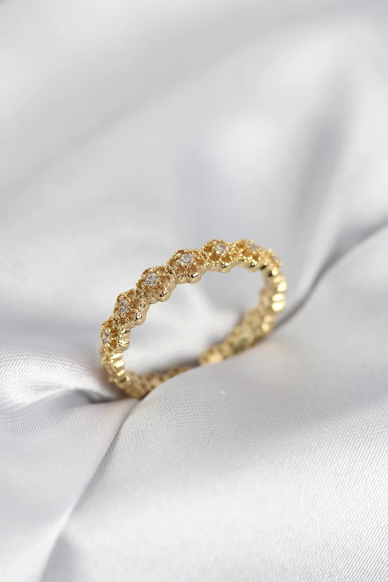 Sıralı Çiçek Model Gold Renk Zirkon Taşlı Kadın Yüzük 5886