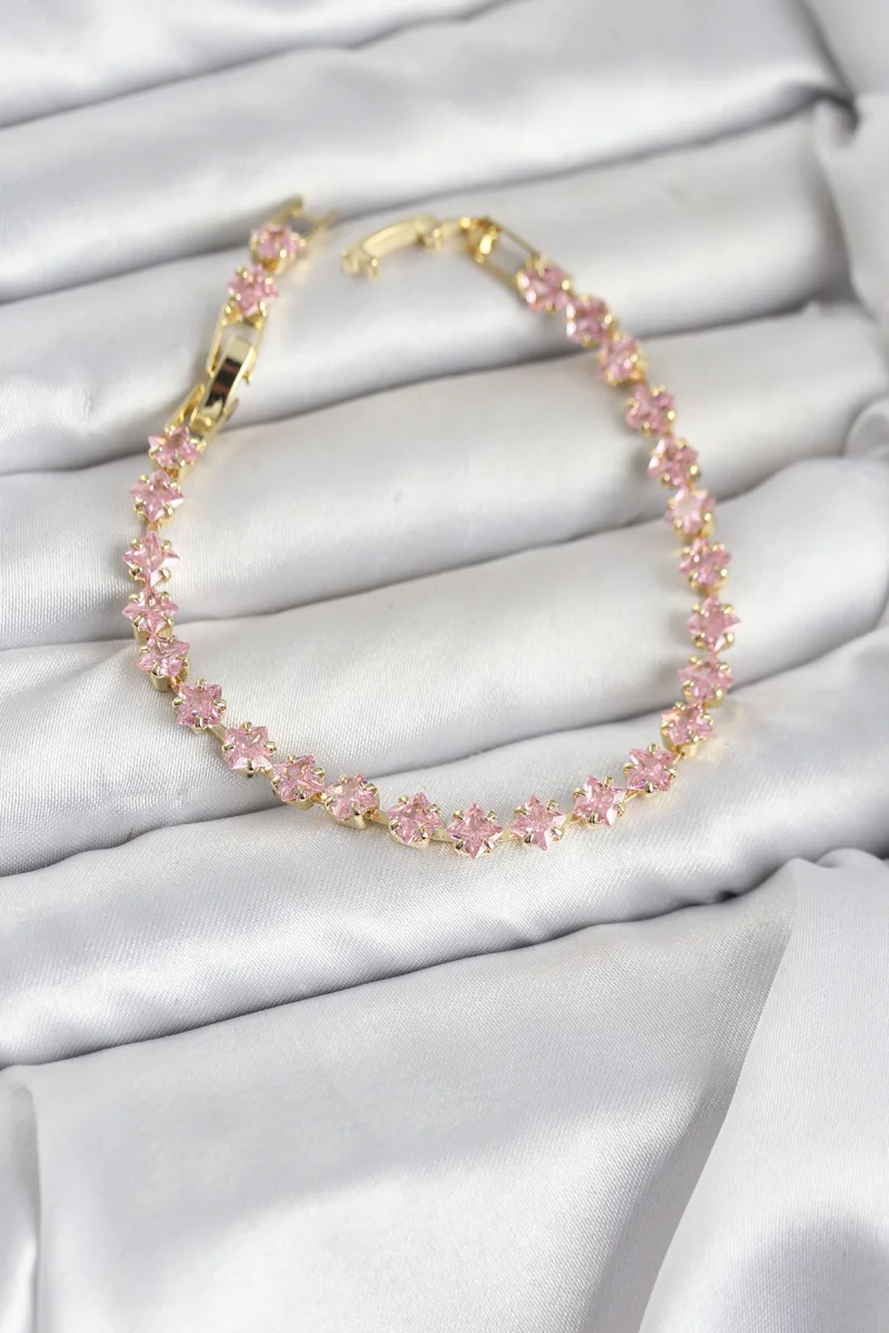 Pembe Kare Zirkon Taşlı Gold Renk Pirinç Su Yolu Kadın Bileklik 5886