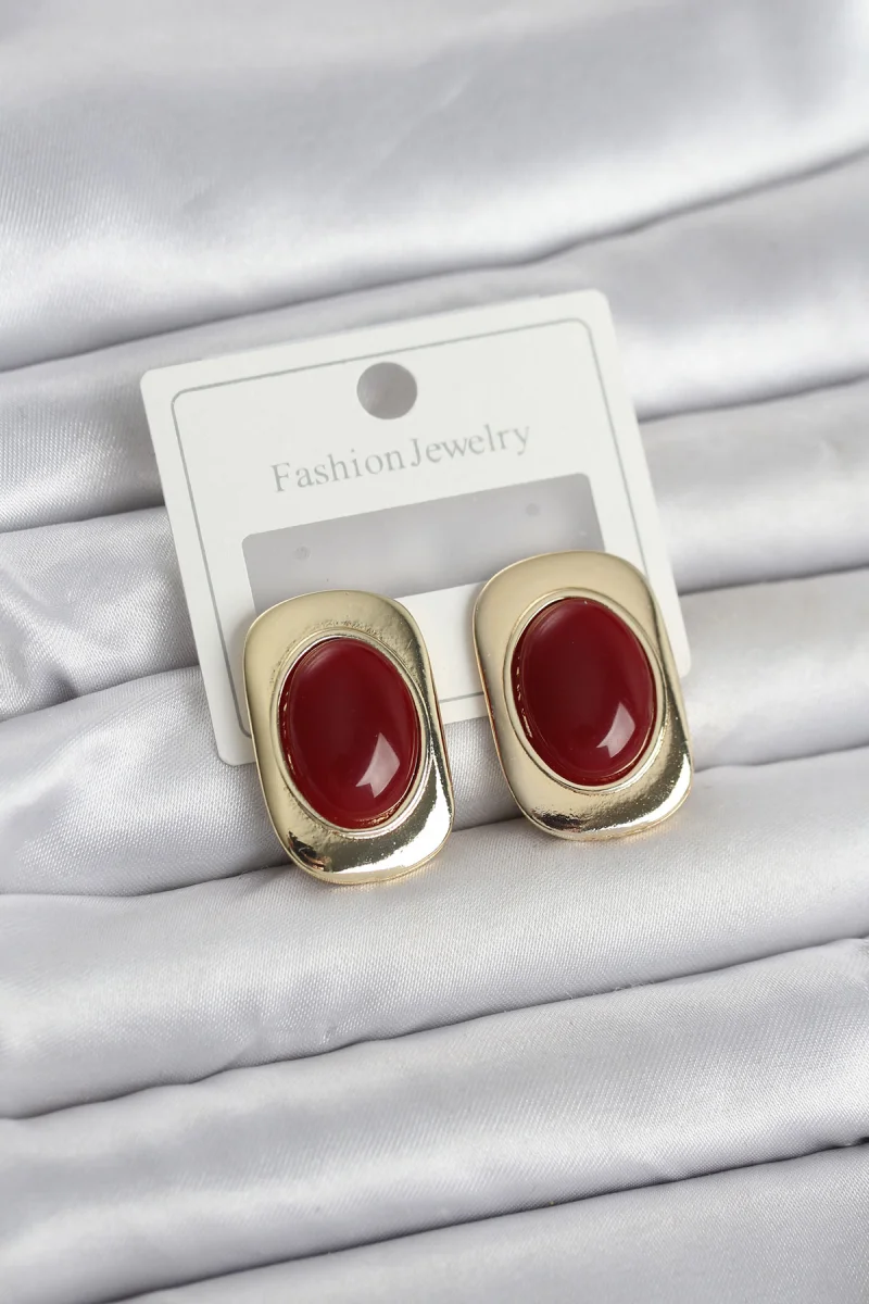 Bordo Renk Kare Model Vintage Kadın Küpe 5886