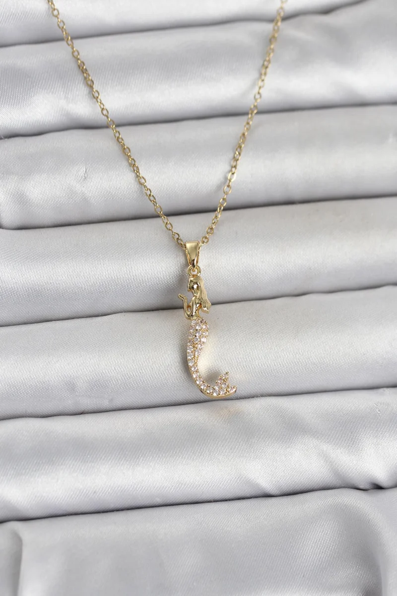 316L Çelik Zincir Gold Renk Zirkon Taşlı Deniz Kızı Model Kadın Kolye 5886
