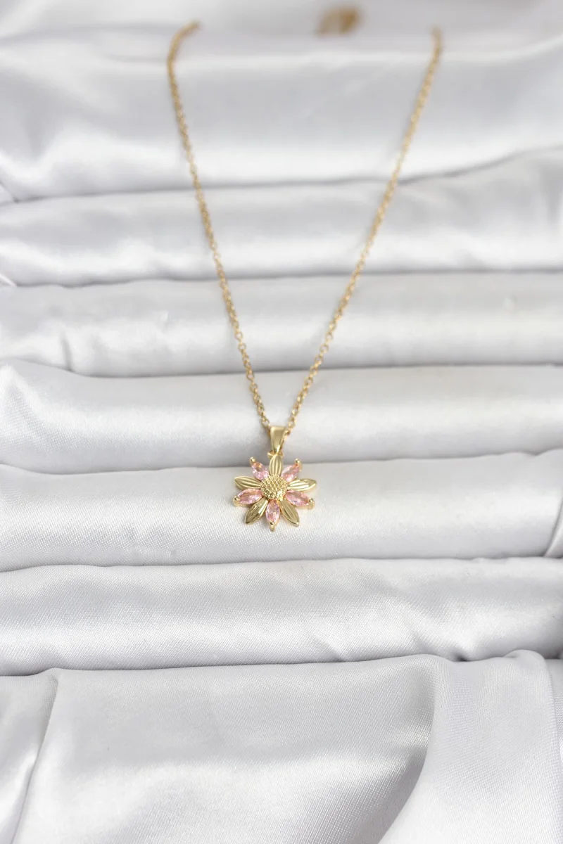 316L Çelik Zincir Gold Renk Pembe Papatya Model Kadın Kolye 5886