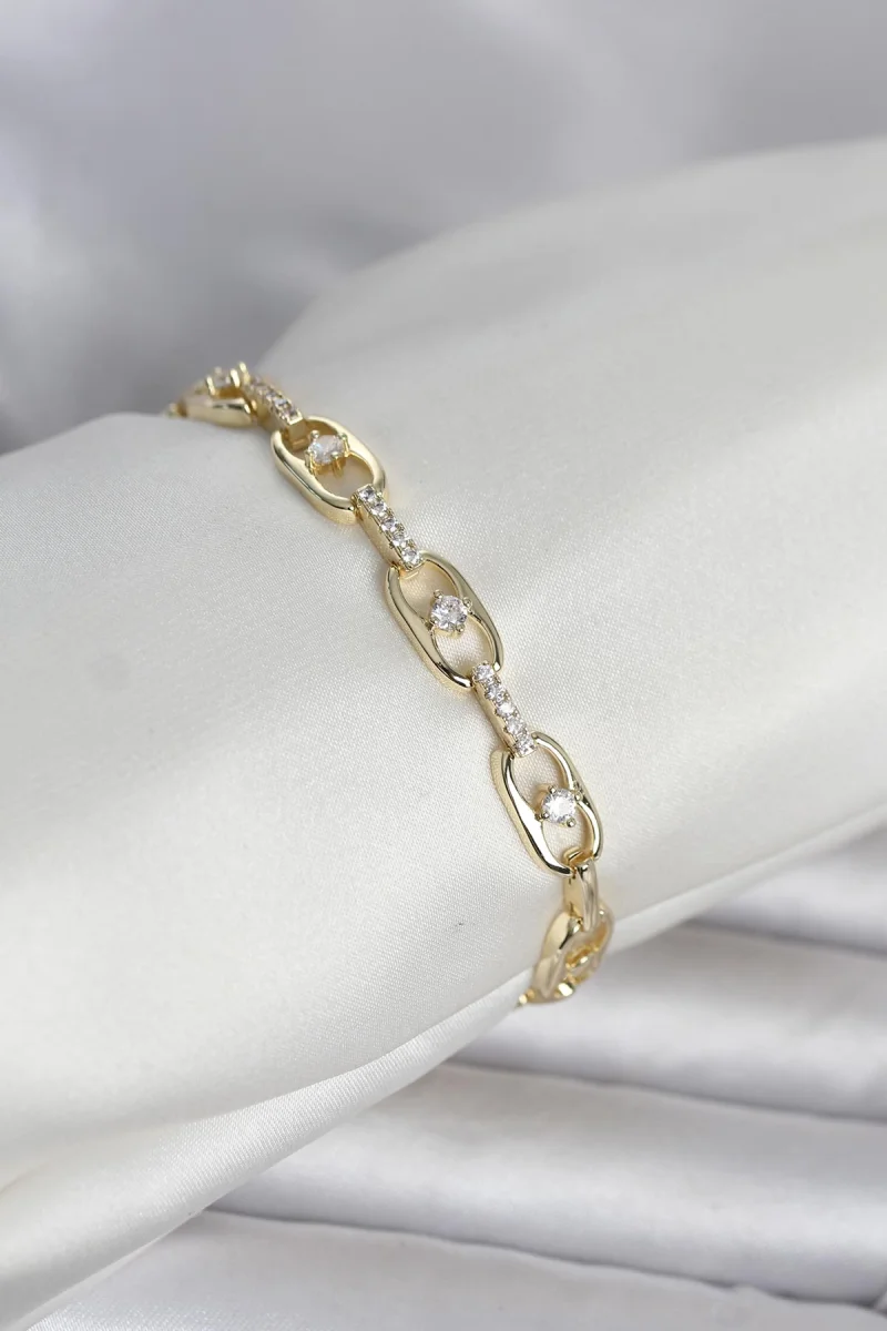 Pirinç Gold Renk Zirkon Taşlı Kadın Bileklik 5886