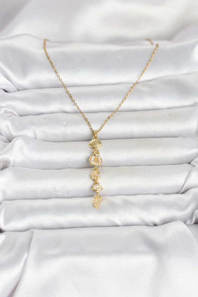 316L Çelik Gold Renk Deniz Temalı Y Model Zirkon Taşlı Kadın Kolye 5886