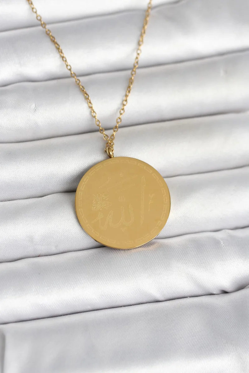 316L Çelik Gold Renk Ayetel Kürsi ve Allah Yazılı Kolye 5886