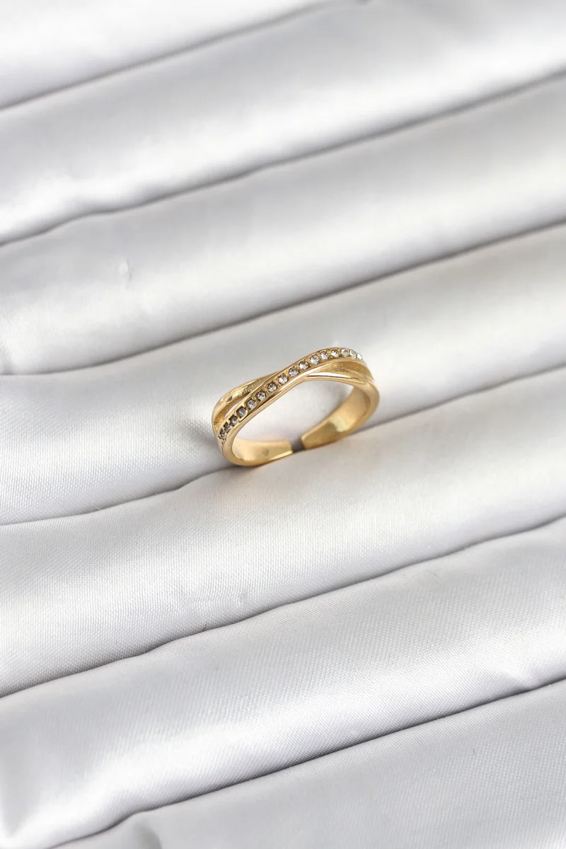 316L Çelik Gold Renk Zirkon Taşlı Kadın Yüzük 5886