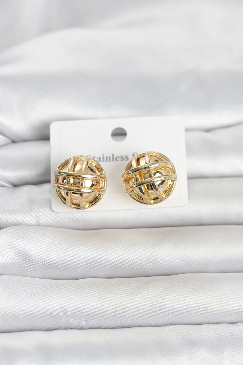 316L Çelik Gold Renk Desenli Top Model Kadın Küpe 5886
