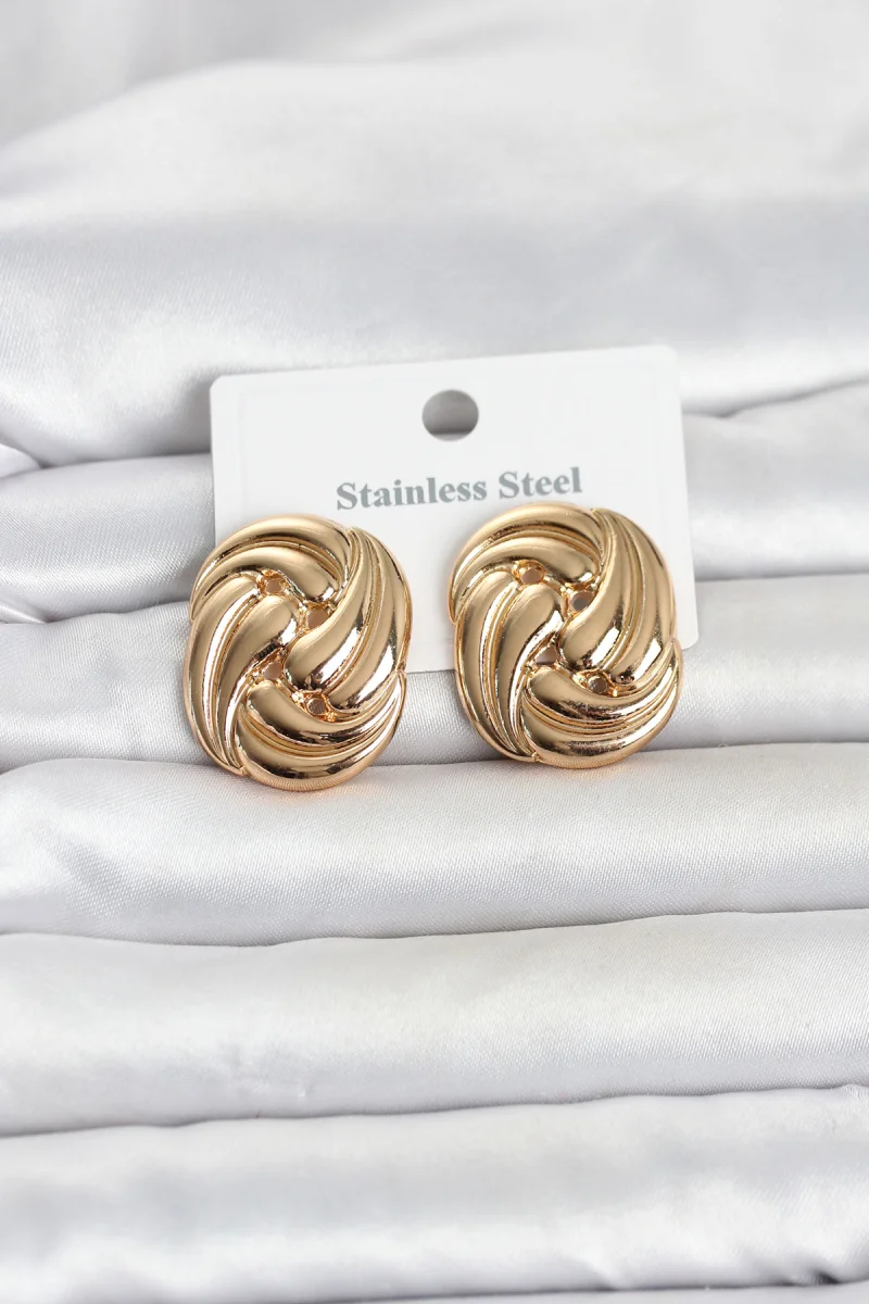 316L Çelik Gold Renk Motif Desen Model Kadın Küpe 5886