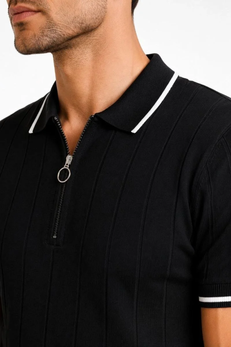 Erkek Fitilli Triko T-shirt Polo Yaka Yarım Fermuarlı Kısa Kollu Tişört - Açık Mavi