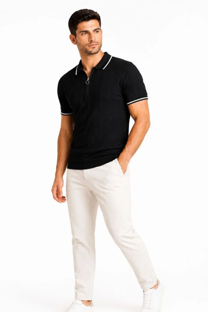 Erkek Fitilli Triko T-shirt Polo Yaka Yarım Fermuarlı Kısa Kollu Tişört - Açık Mavi