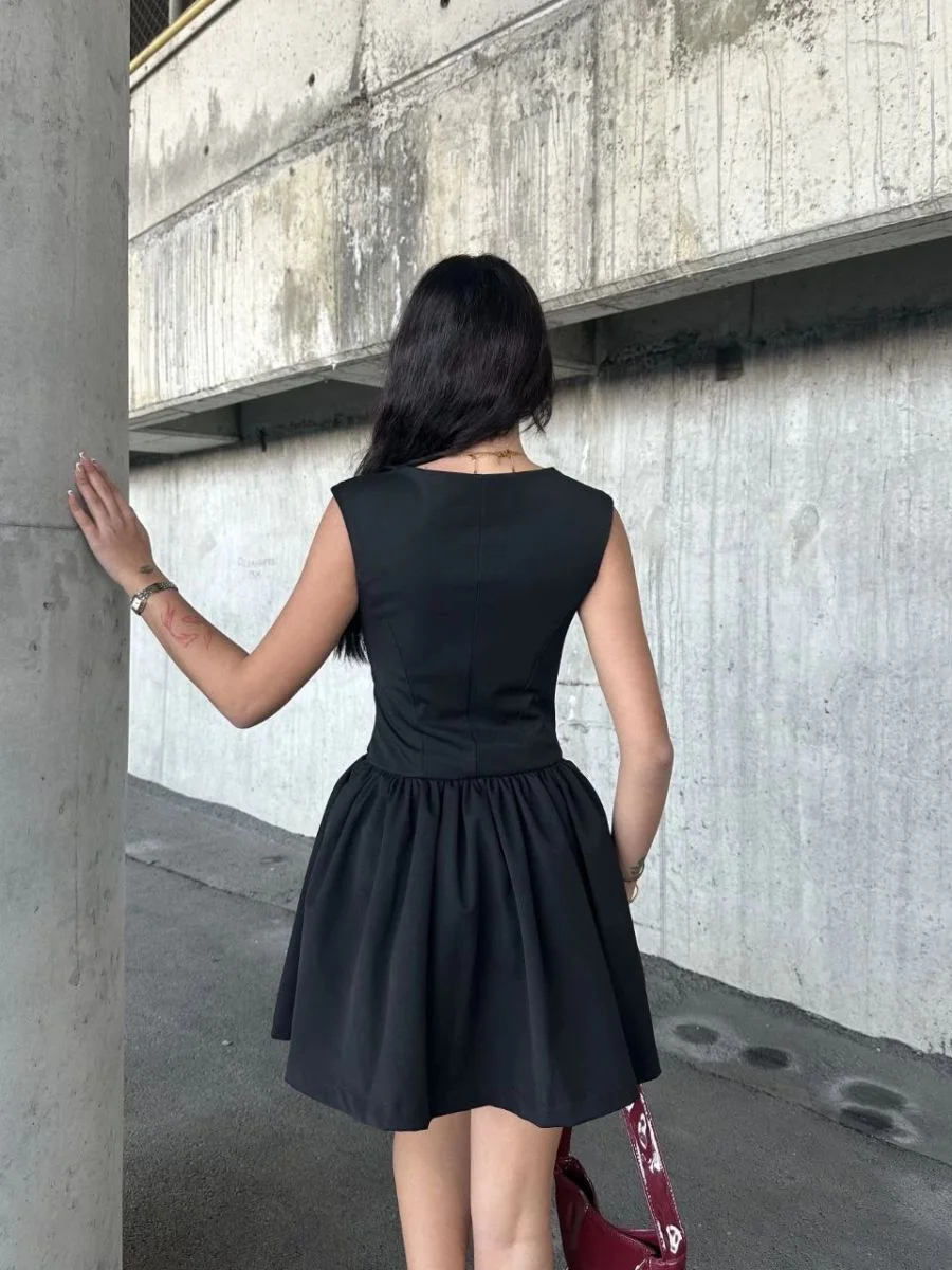 Kolsuz Mini Elbise- Gri