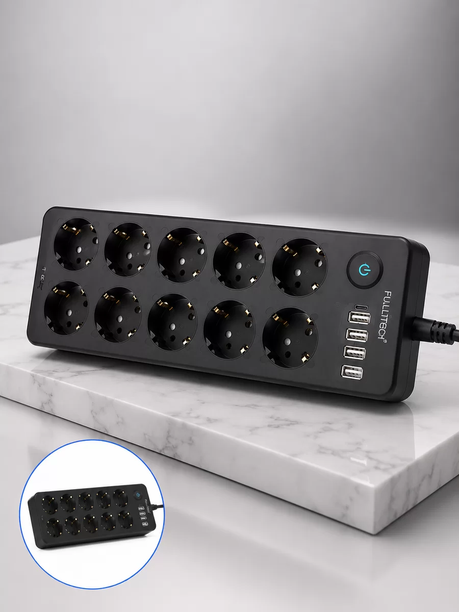 Akım Korumalı 10'lu Çoklu Priz USB-A ve Type-C Şarj Çıkışlı