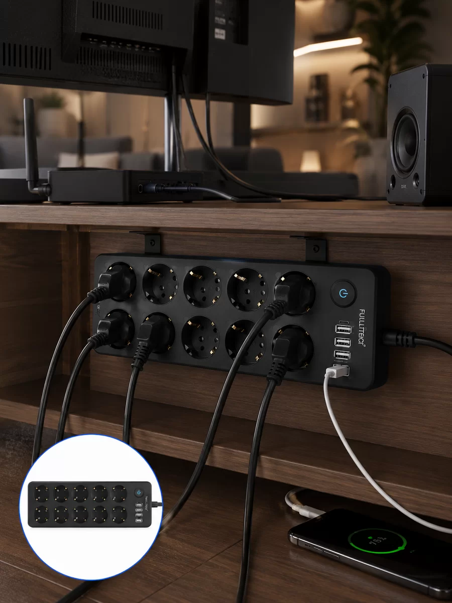 USB ve Type-C Çıkışlı 10'lu Akım Korumalı Çoklu Priz Güç Dağıtıcı