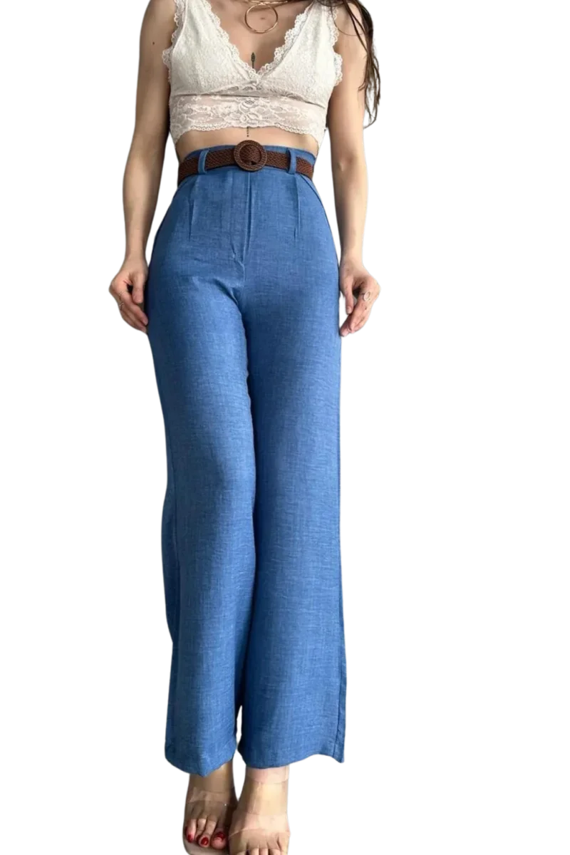 Kemerli Keten Pantolon -MAVİ