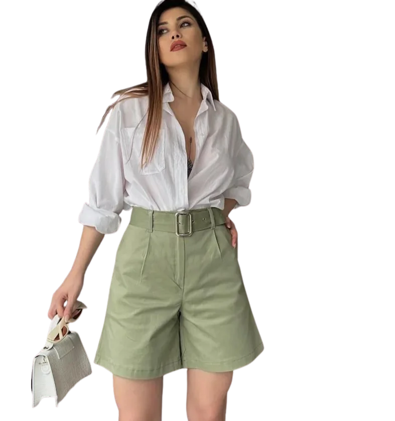 Rahat Kesim Kemerli Mom Şort - HAKİ