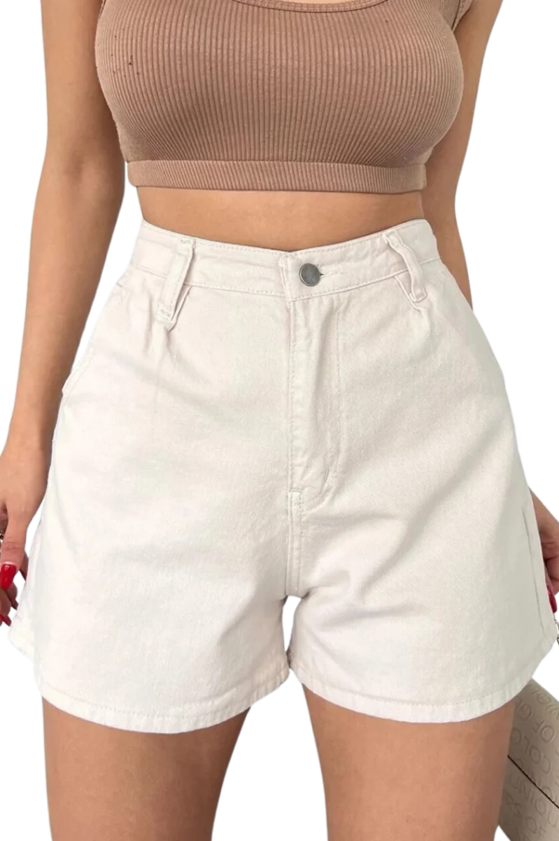 Mini Denim Şort cepli  -KREM