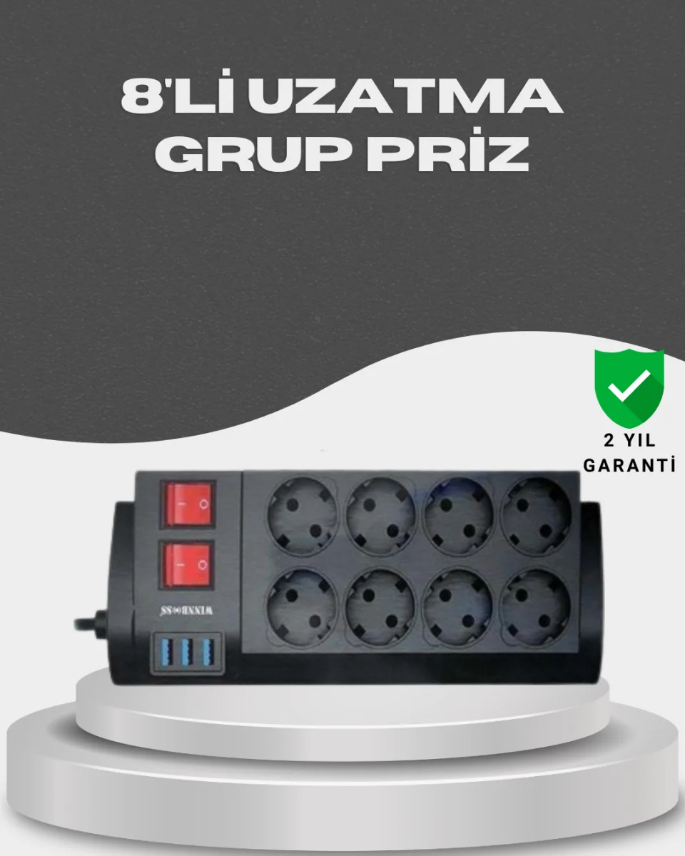 Akım Korumalı 8’li Priz 3 USB’li Uzatma Kablosu Isıya Dayanıklı 2 Metre