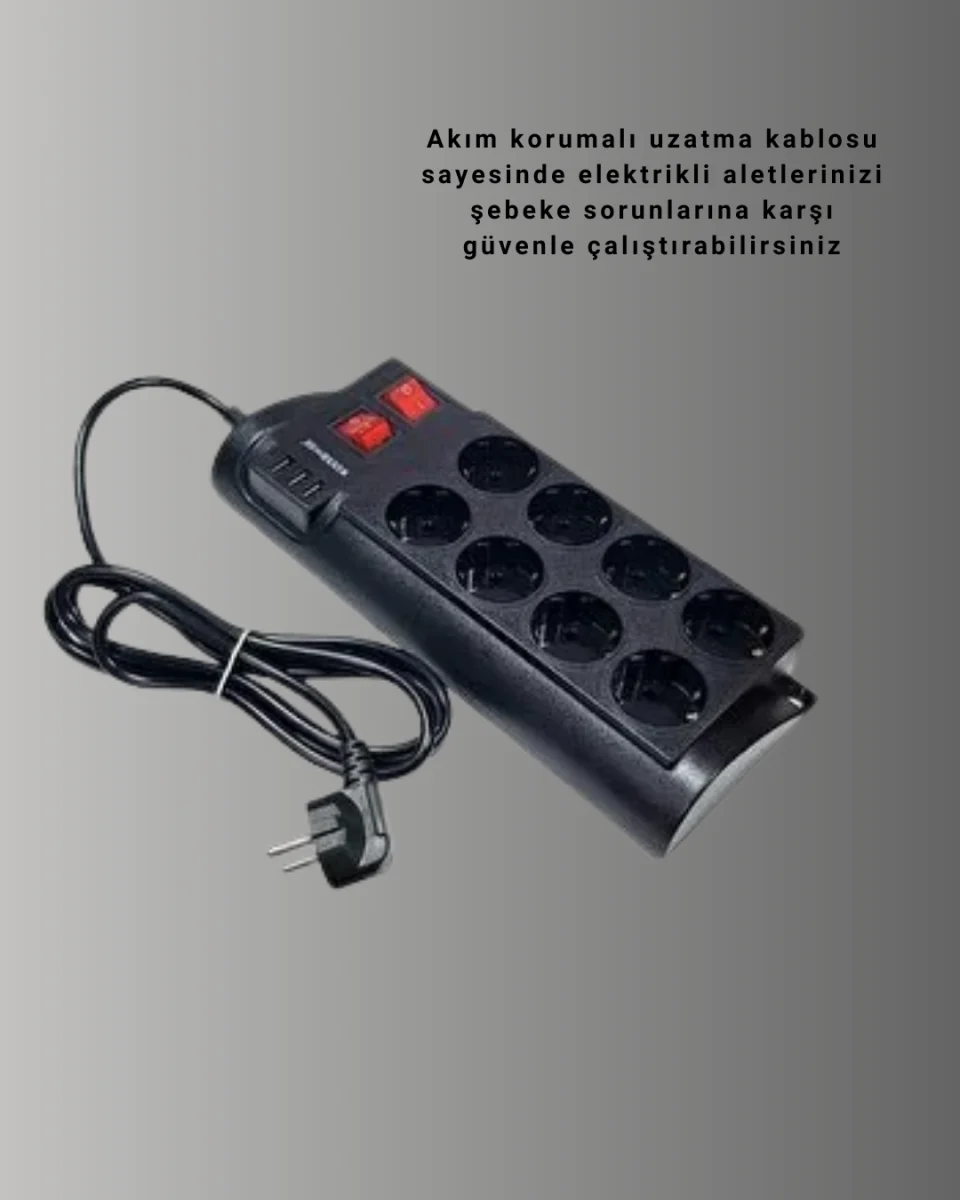 Akım Korumalı 8’li Priz 3 USB’li Uzatma Kablosu Isıya Dayanıklı 2 Metre
