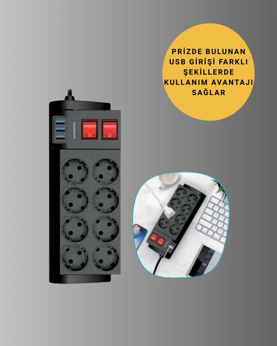 Isıya Dayanıklı Termal Akım Korumalı 8'li Priz ve 3 USB Girişli Uzatma Kablosu